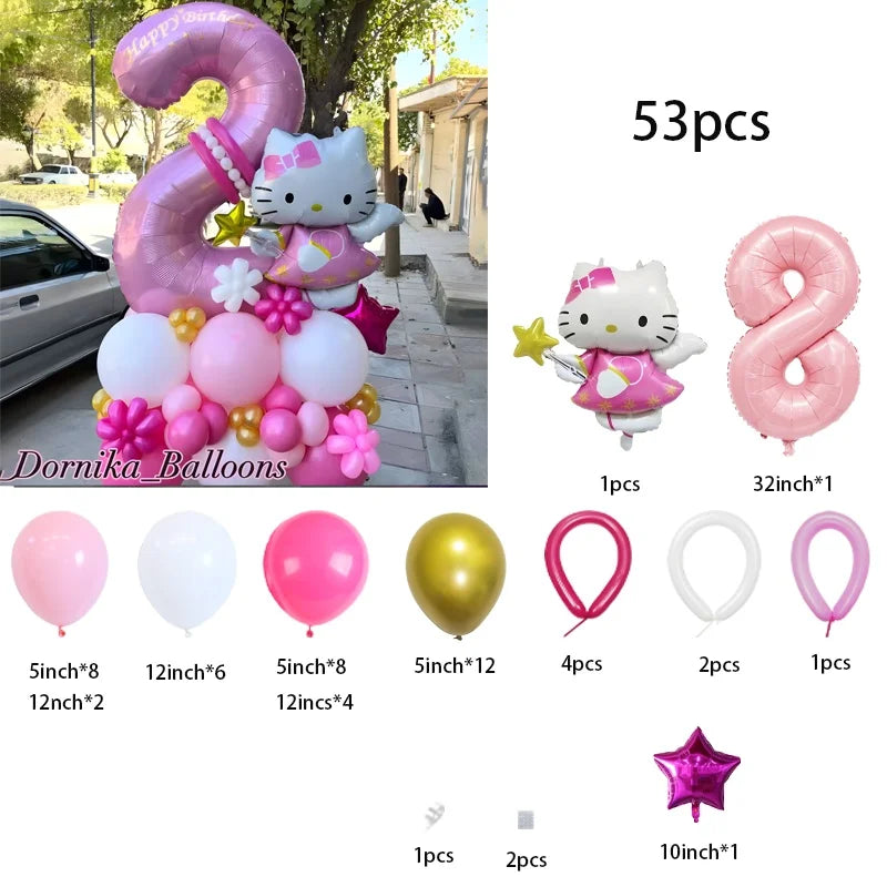 53-piece Hello Kitty-themed balloon set in pink foil and latex—perfect for baby showers, kids’ and girls’ birthdays, and holiday