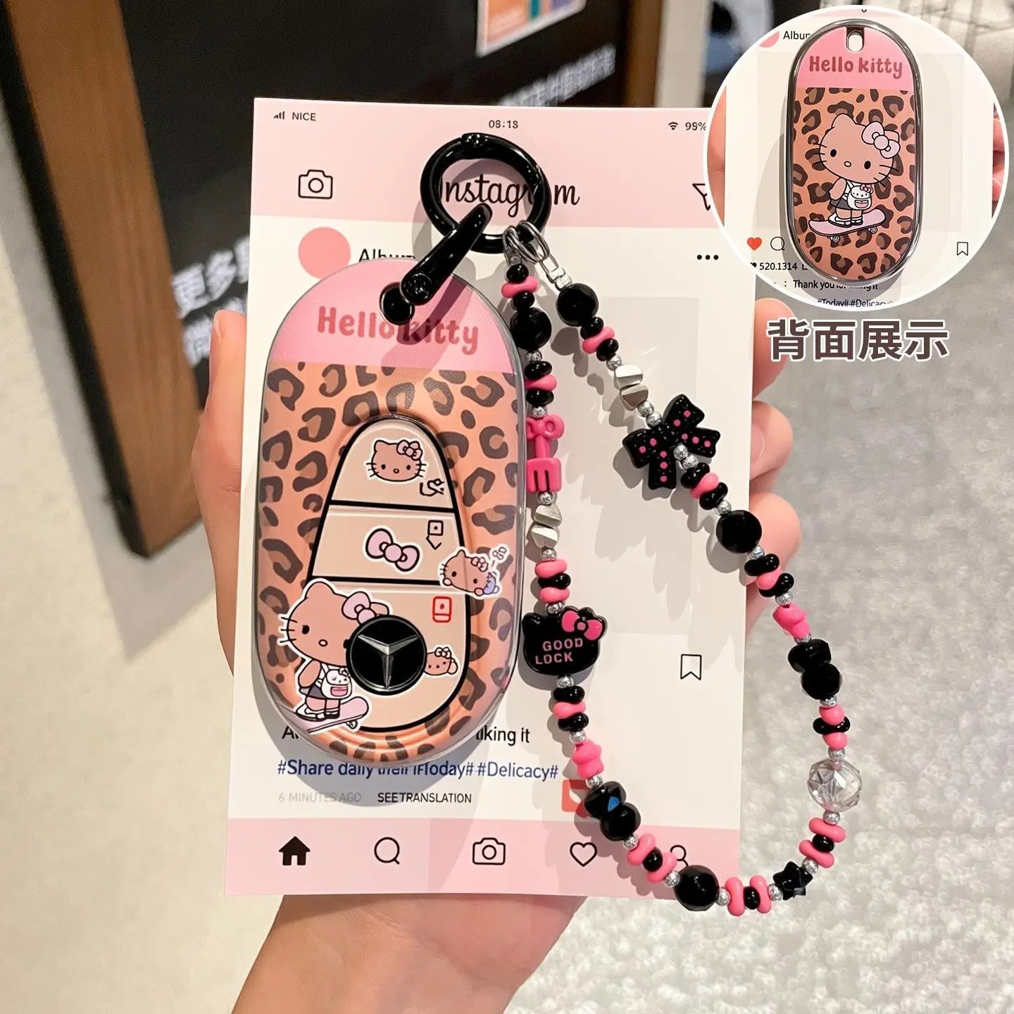 Sanrio Car Key Shell Leopard Print Key Storage Hello Kitty Leopard Print Cartoon Key Chain Cute Car Decoration Accessories Gift