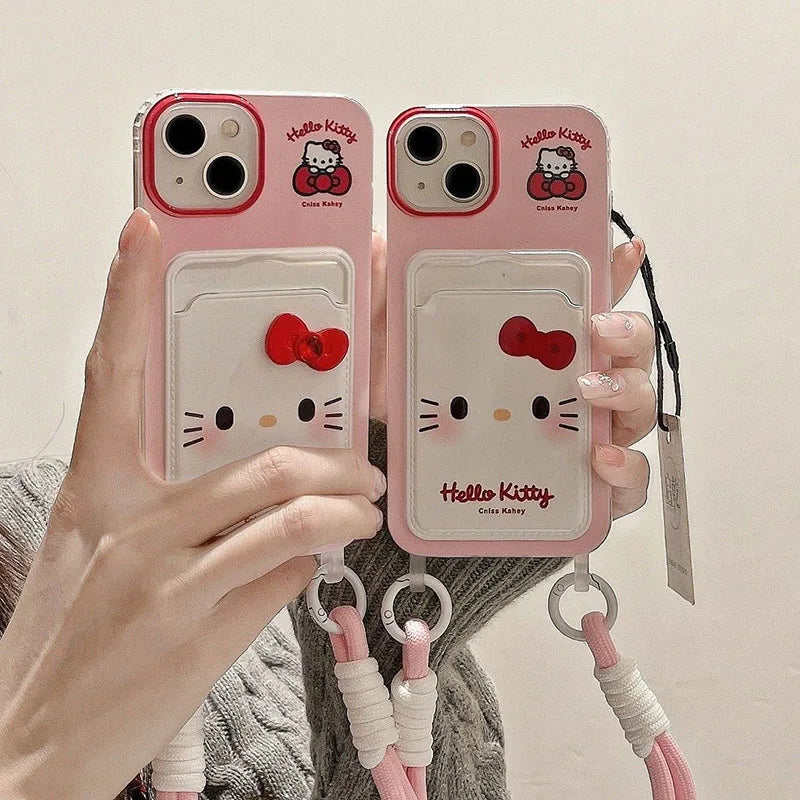 Hello Kitty Bow Phone Case with Card Holder & Lanyard – Cute Cartoon Cover for iPhone 7/8, X/XS, XR, 11, 12 Mini, 13, 14, 15, 16 & 17 Series
