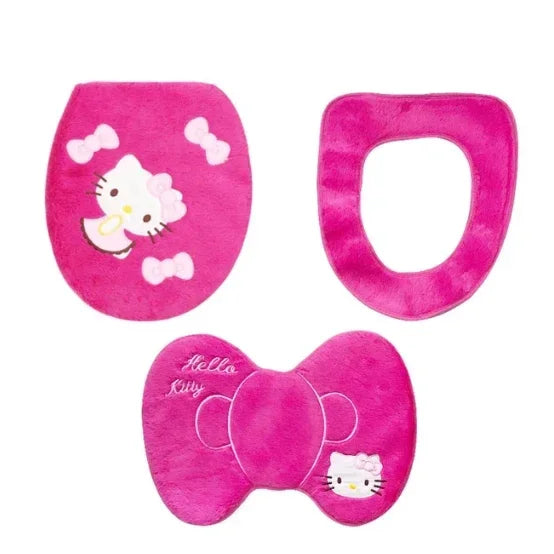 Hello Kitty 3-Piece Toilet Seat Cushion Set – Sanrio Plush Winter Bathroom Cover Set for Home Use
