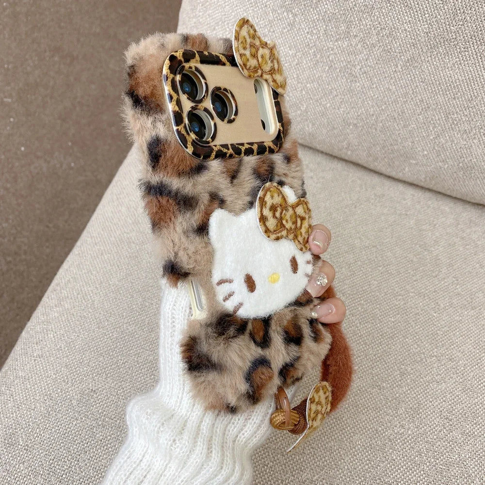 Cute Cartoon Sanrio Hello Kitty Leopard print Furry Warm Winter Plush Phone Case For iPhone 17 16 15 14 13 12 11 Pro Max Cover