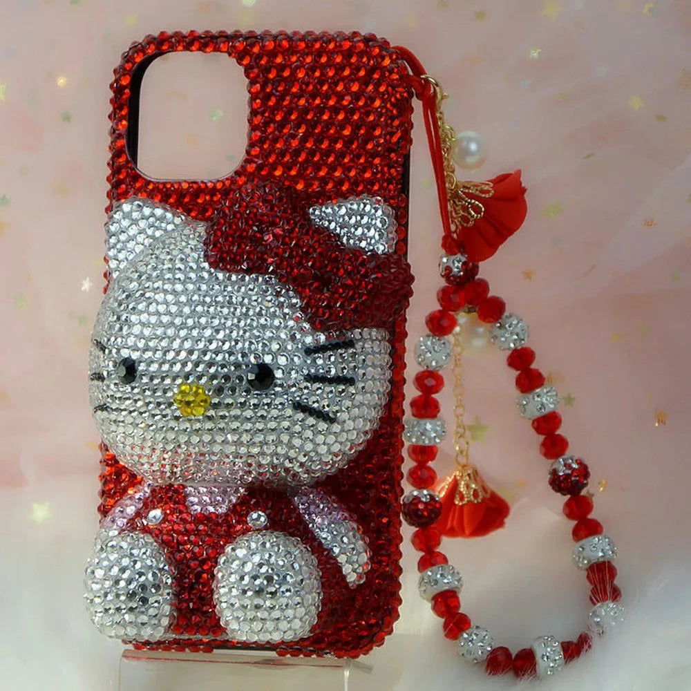 Hello Kitty Rhinestone Bling Crystal Phone Case Chain For iPhone17 16 15 14 13 12 11Pro Max X Xs XR 7 8 Plus Transparent Bumper