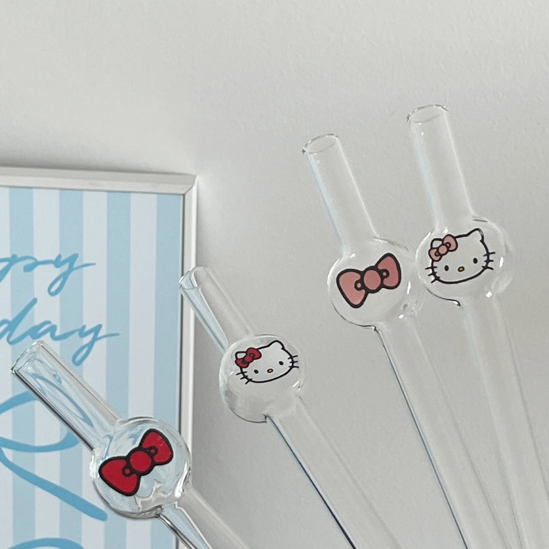 Hello Kitty Anime Ins Style Cute Cartoon Student Glass Straw KT Cat Creative High-value Household Thick Drinking Accessory Gifts