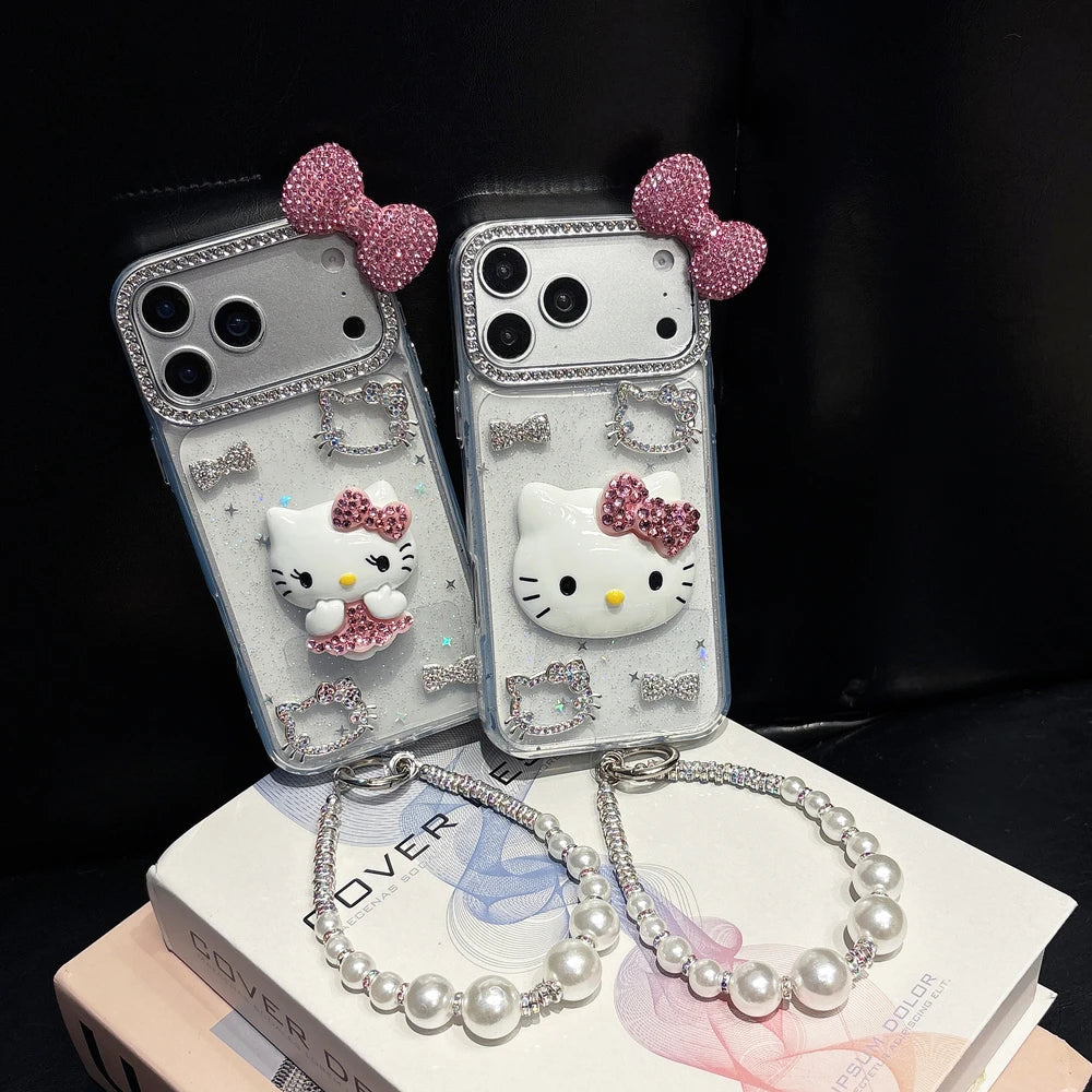 Cute Cartoon Sanrio Hello Kitty Bling Glitter Diamond Phone Case For iPhone 17 16 15 14 13 12 11 Pro Max Shockproof Hard Cover