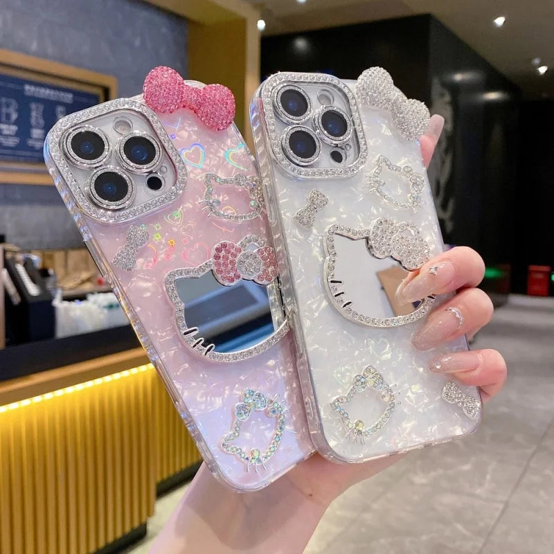 Luxury Makeup Mirror Glitter 3D Cute Cartoon Hello Kitty Sparkling Phone Case For iPhone12 13 14 15 16 17 Pro Max Plus Cover