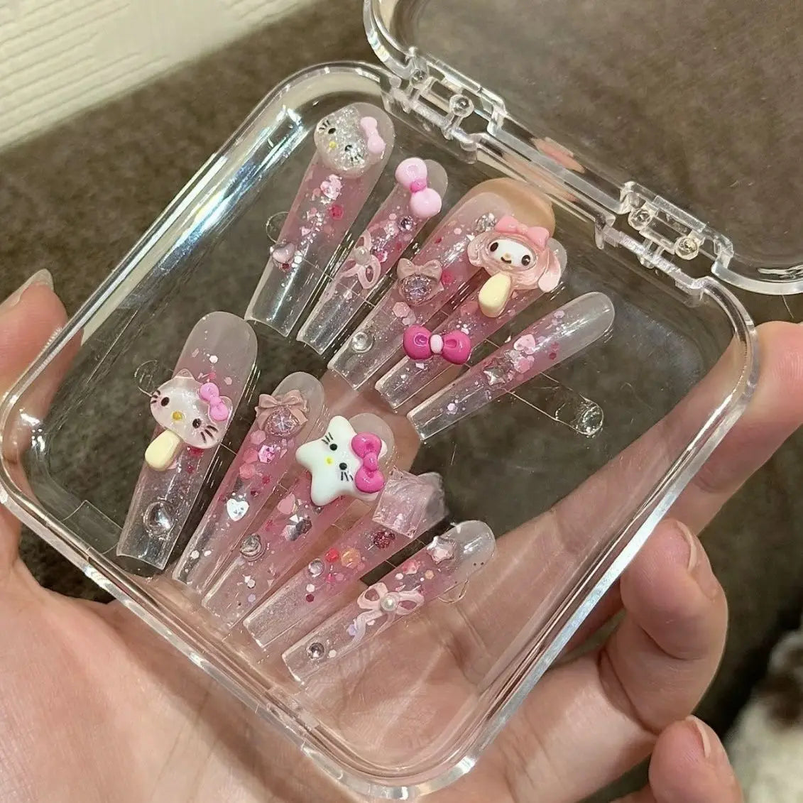 Hello Kitty Handmade Press-On Nails – Pink My Melody & Cinnamoroll Anime Nails – Detachable 3D Nail Art Decoration Set