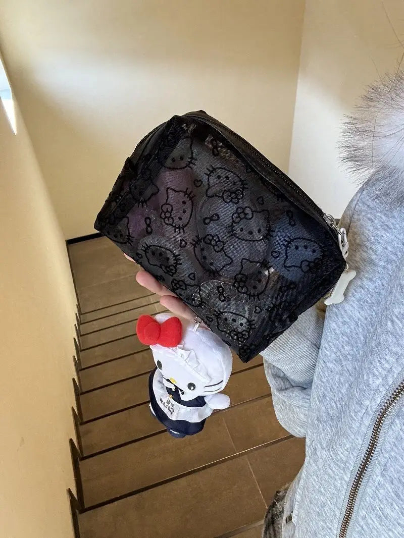 Hello Kitty Printed Transparent Mesh Makeup Bag – Large Capacity Travel Cosmetic Organizer