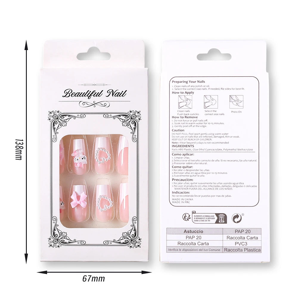 24Pcs 3D Hello Kitty Pearl Bow Press-On Nails – Medium Pink French Tip Nails – Cartoon Wearable Nail Set for Women