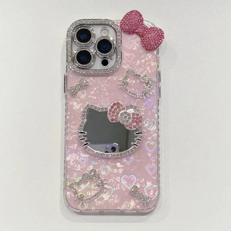 Luxury Makeup Mirror Glitter 3D Cute Cartoon Hello Kitty Sparkling Phone Case For iPhone12 13 14 15 16 17 Pro Max Plus Cover
