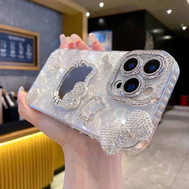 Luxury Makeup Mirror Glitter 3D Cute Cartoon Hello Kitty Sparkling Phone Case For iPhone12 13 14 15 16 17 Pro Max Plus Cover
