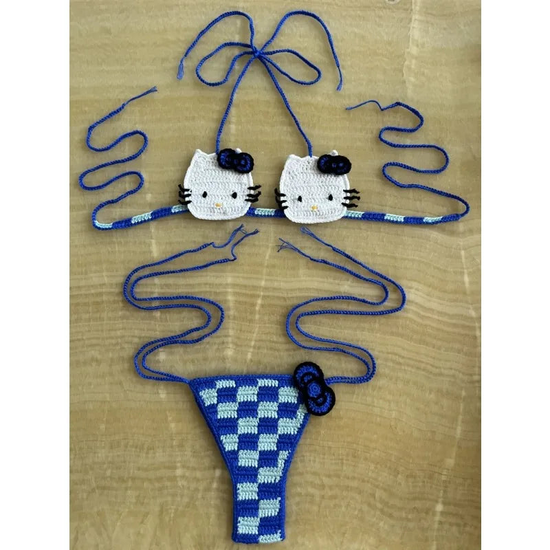 Hello Kitty Inspired Crochet Micro Bikini Set – Cute Kawaii Beachwear for Women