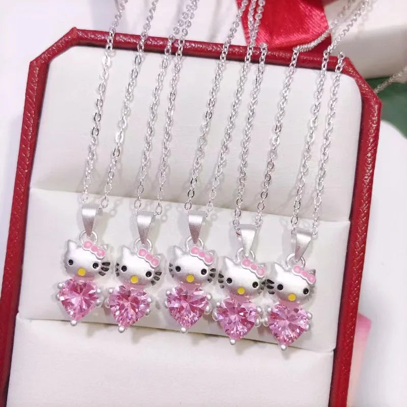 Hello Kitty Pink Crystal Necklace – Kawaii Sanrio Silver-Tone Charm Pendant Jewelry for Women & Girls