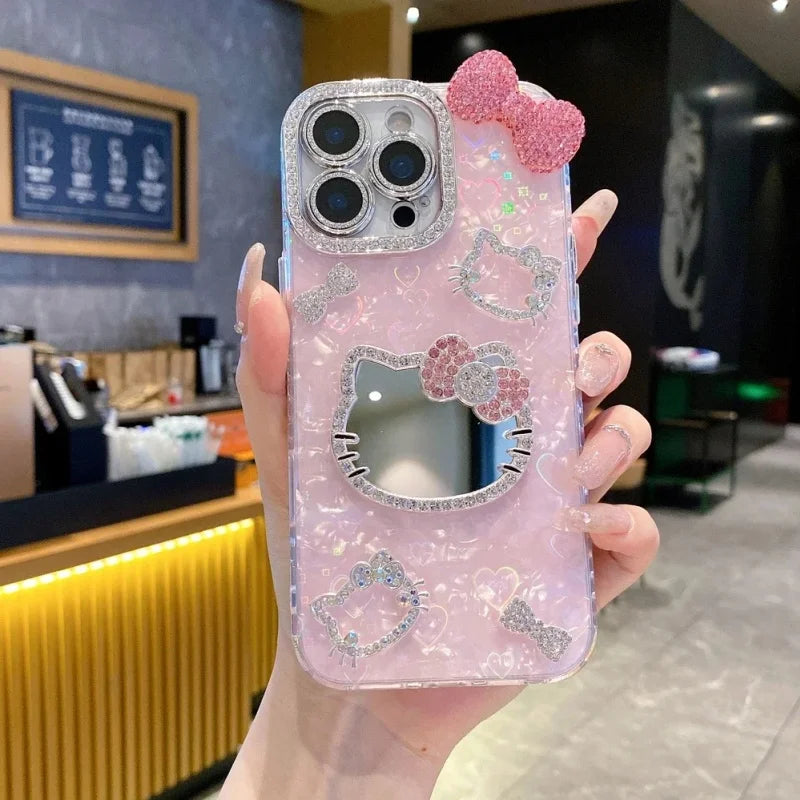 Luxury Makeup Mirror Glitter 3D Cute Cartoon Hello Kitty Sparkling Phone Case For iPhone12 13 14 15 16 17 Pro Max Plus Cover