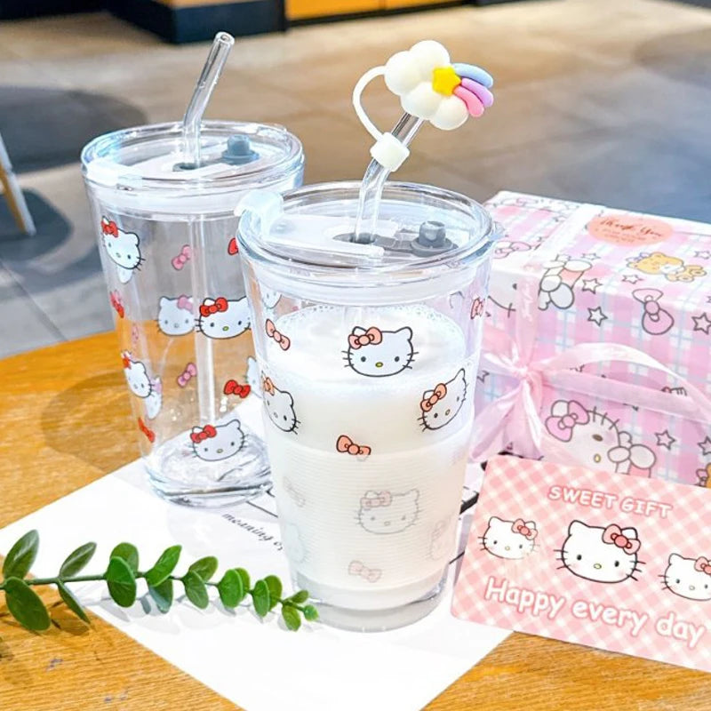 Anime Hello Kitty Double-Layered Glass Cup Kt Cat High-Quality Borosilicate Glass for Household Use Milk Cup Birthday Gifts