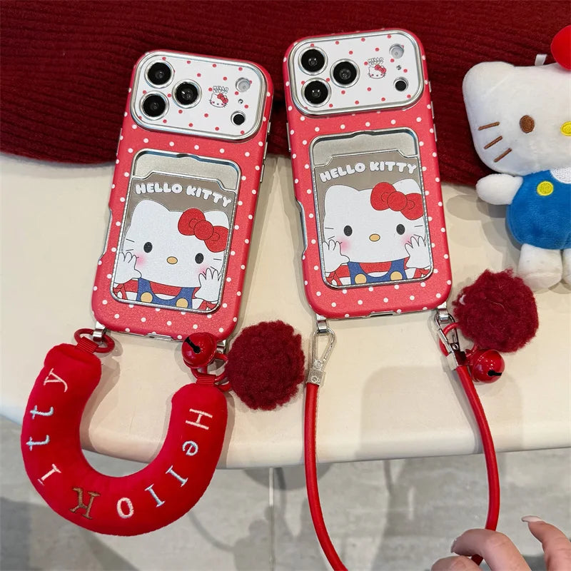 Hello Kitty Red Mirror Phone Case with Card Slot & Plush Wrist Strap – Cute Protective Cover for iPhone 13, 14, 15, 16 & 17 Pro Max