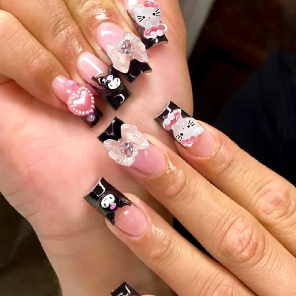 24Pcs 3D Hello Kitty Pearl Bow Press-On Nails – Medium Pink French Tip Nails – Cartoon Wearable Nail Set for Women