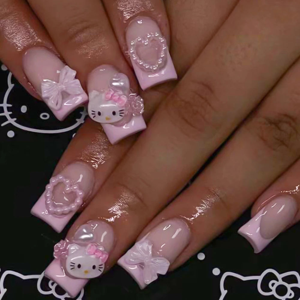 24Pcs 3D Hello Kitty Pearl Bow Press-On Nails – Medium Pink French Tip Nails – Cartoon Wearable Nail Set for Women