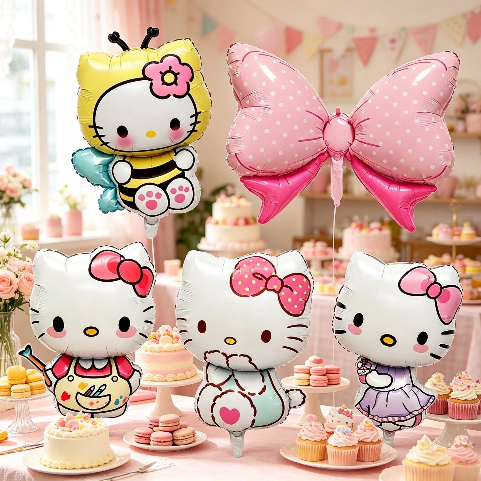 5PCS Hello Kitty Foil Balloon Set Anime Cat Candy Bow Foil Balloons Kids Birthday Party Decorative Balloons Baby Shower Supplie