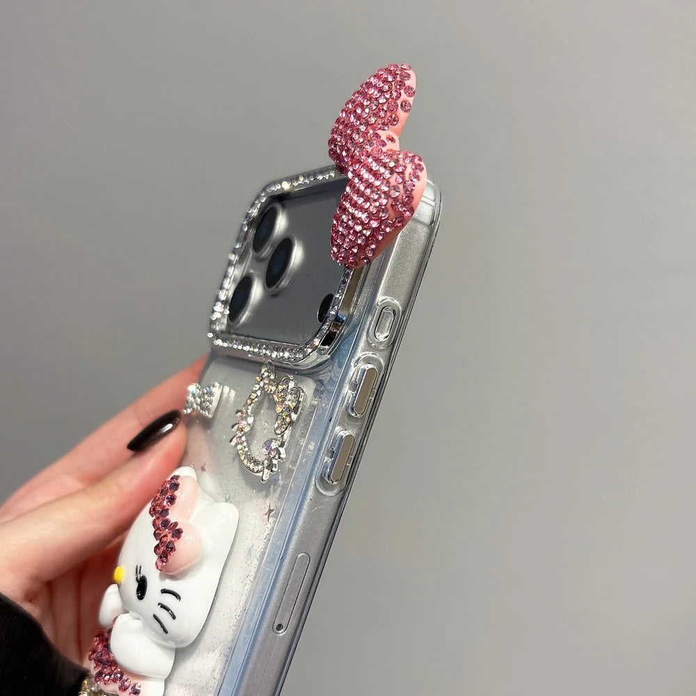 Cute Cartoon Sanrio Hello Kitty Bling Glitter Diamond Phone Case For iPhone 17 16 15 14 13 12 11 Pro Max Shockproof Hard Cover