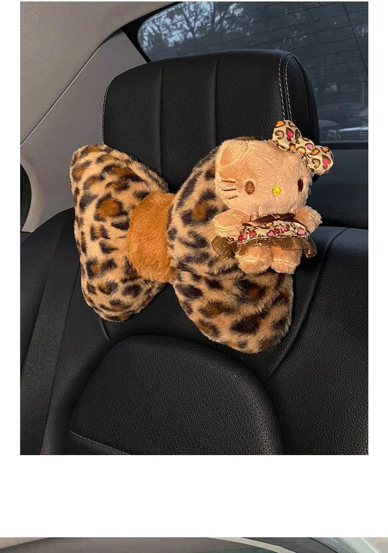Hello Kitty Car Headrest Neck Pillow Seat Leopard Print Cushion Car Accessory for Girls Car Pillow Lumbar Support Accessories