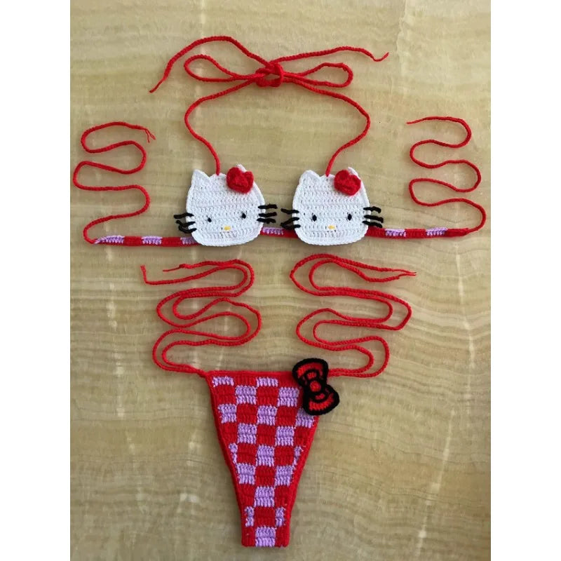 Hello Kitty Inspired Crochet Micro Bikini Set – Cute Kawaii Beachwear for Women