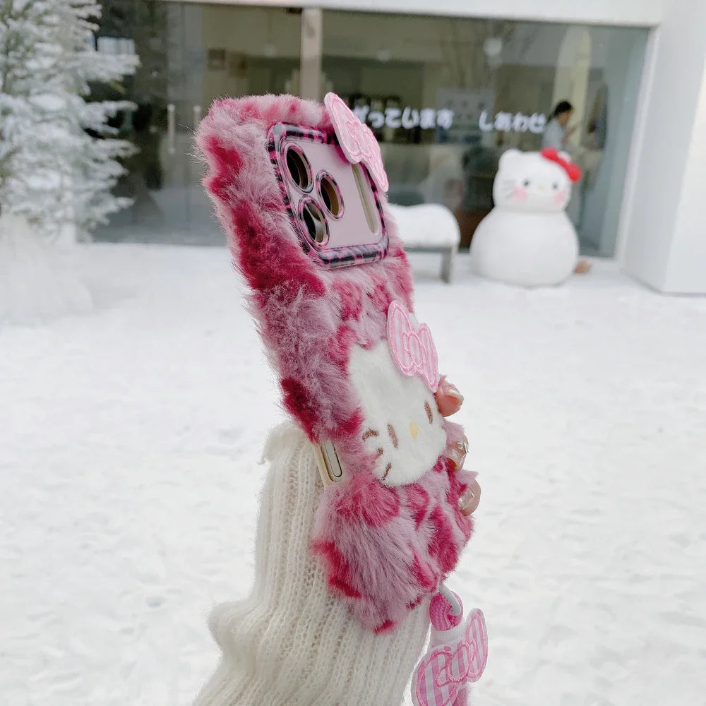 Cute Cartoon Sanrio Hello Kitty Leopard print Furry Warm Winter Plush Phone Case For iPhone 17 16 15 14 13 12 11 Pro Max Cover