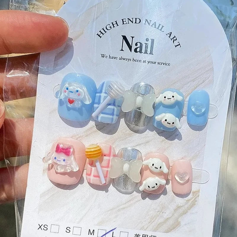 Hello Kitty Handmade Press-On Nails – Pink My Melody & Cinnamoroll Anime Nails – Detachable 3D Nail Art Decoration Set