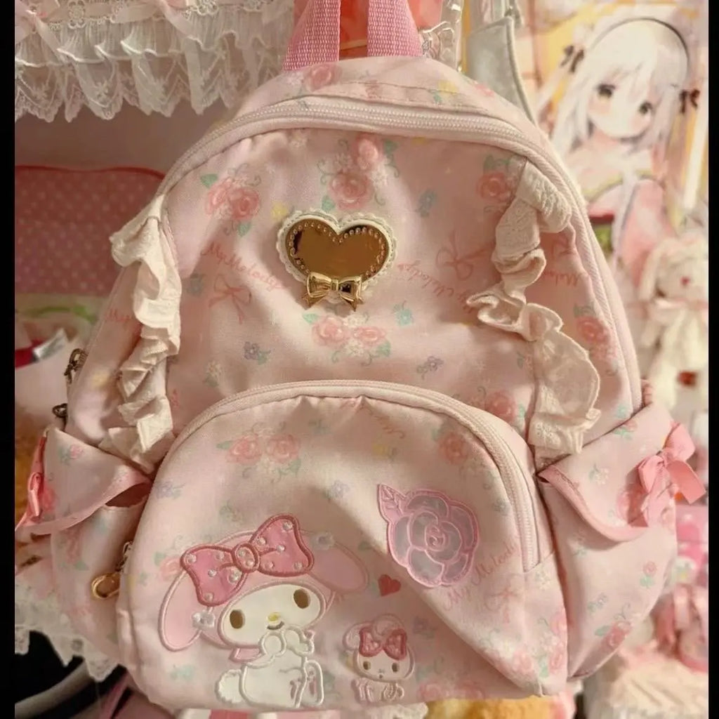 My Melody Floral Ruffle Lace Backpack – Cute Sanrio School Bag with Bow & Heart Details