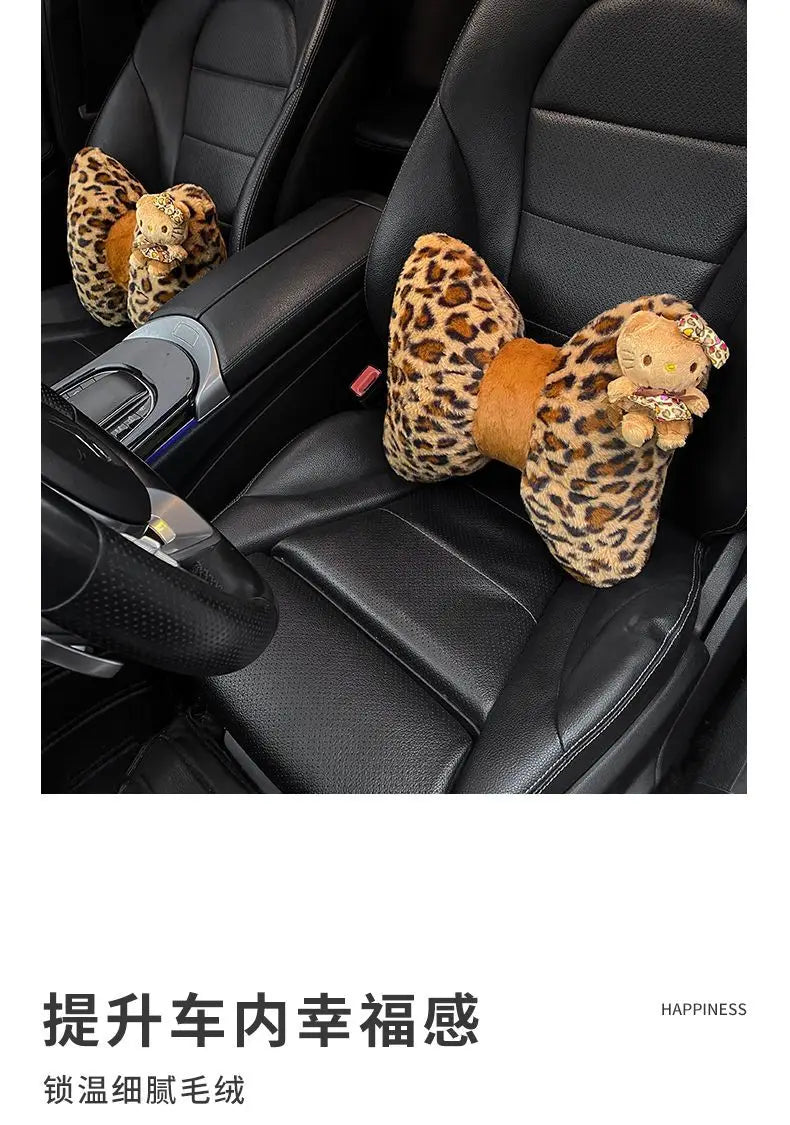 Hello Kitty Car Headrest Neck Pillow Seat Leopard Print Cushion Car Accessory for Girls Car Pillow Lumbar Support Accessories