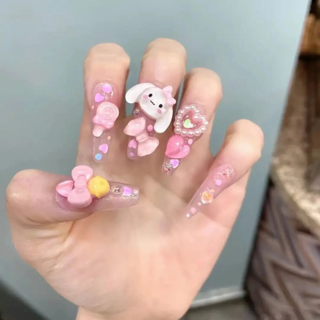Hello Kitty Handmade Press-On Nails – Pink My Melody & Cinnamoroll Anime Nails – Detachable 3D Nail Art Decoration Set
