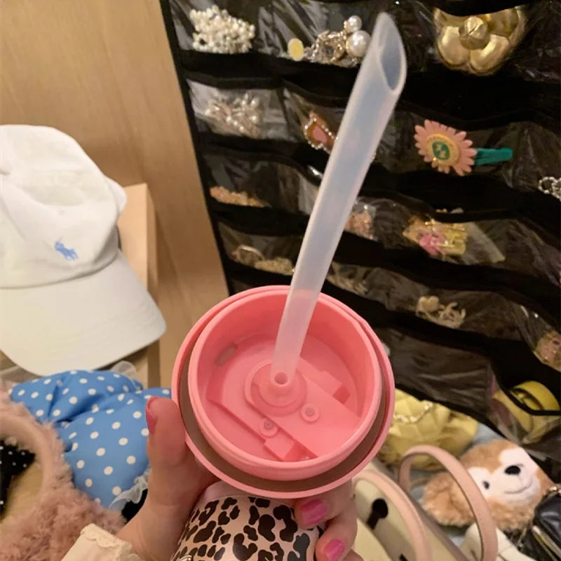 Cartoon Leopard HelloKitty Mug Stainless Steel Student Straw Double-drinking Large-capacity Coffee Cup Lovely Birthday Gift