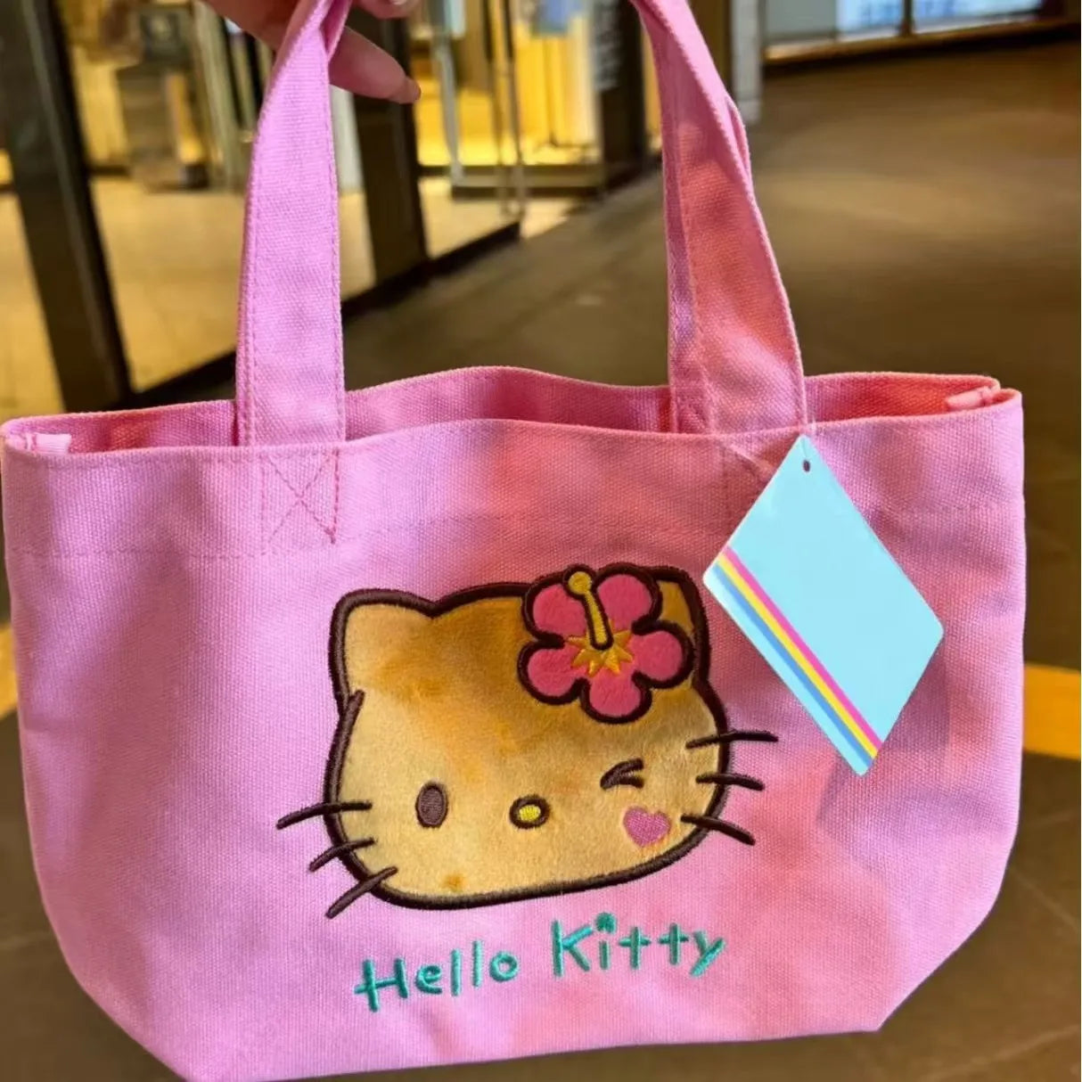 Hello Kitty Embroidered Canvas Tote Bag – Contrast Color Commuter Handbag for Everyday Use