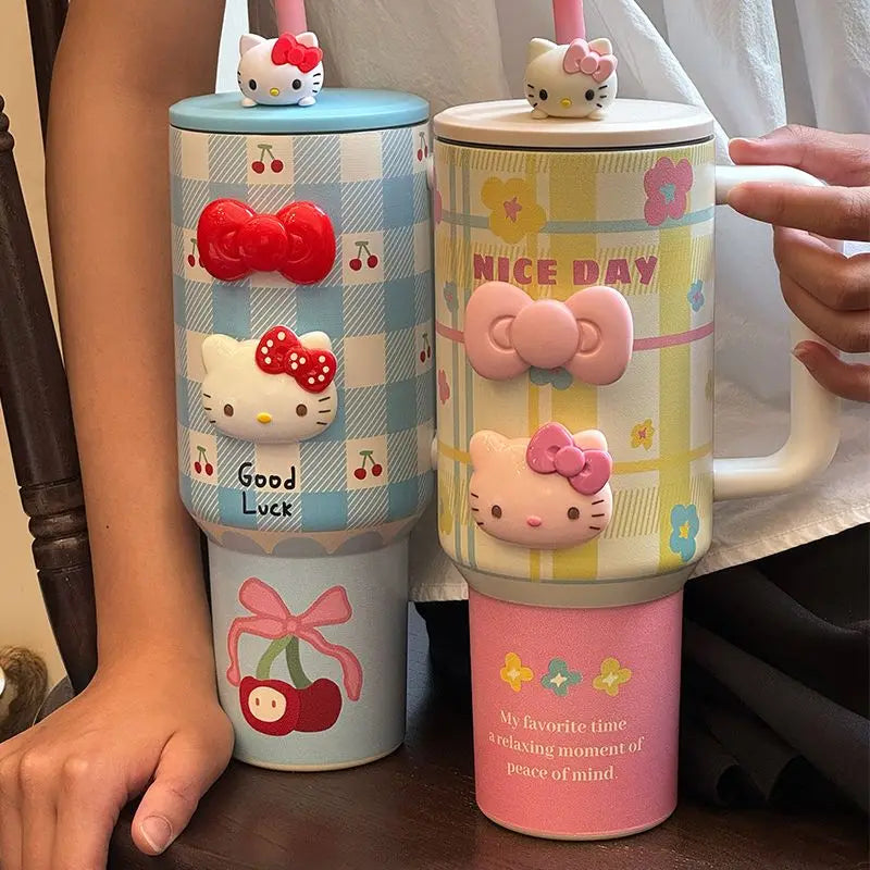 1200ml Hello Kitty 304 Stainless Steel Insulated Bottle – Pink & Blue Grid Thermo Tumbler – Large Capacity Hot & Cold Coffee Cup Water Bottle Mug Gift