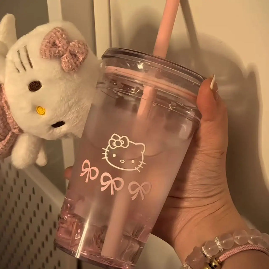 Pink HelloKitty Cat Straw Cup with Lid Plastic Student Portable Cup KT Cat High-Capacity Transparent Plastic Water Cup Girl Gift