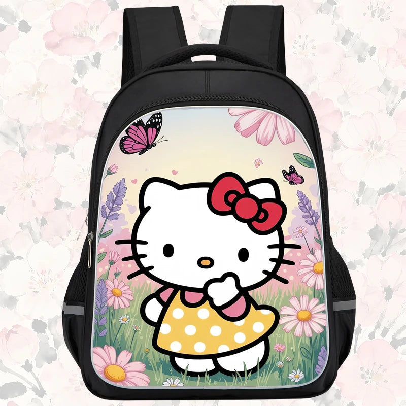 16-inch cartoon children's backpack, unisex, large capacity, double zippered pockets, ergonomic back support, Hello Kitty-theme