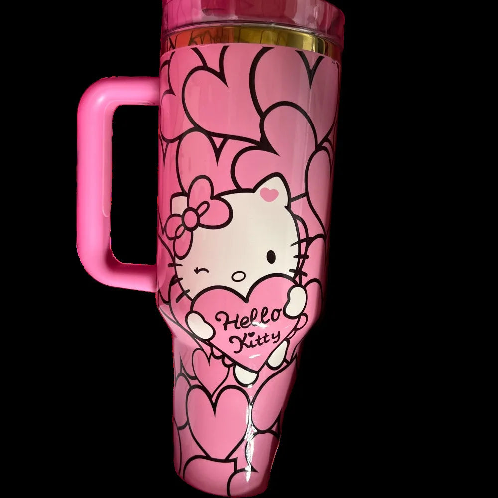 Hello Kitty Heart Print Insulated Tumbler with Handle & Lid – Cute Travel Coffee Cup for Girls