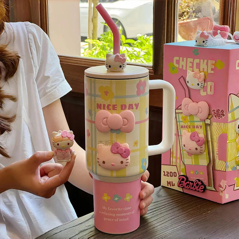 1200ml Hello Kitty 304 Stainless Steel Insulated Bottle – Pink & Blue Grid Thermo Tumbler – Large Capacity Hot & Cold Coffee Cup Water Bottle Mug Gift