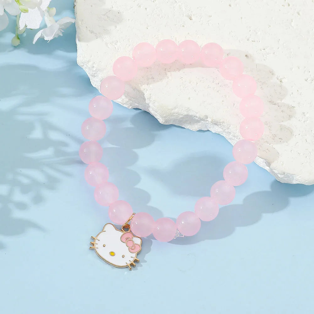 Hello Kitty Pink Glass Beaded Bracelet - Cute Cat Charm Pendant, Elastic Crystal Beads, Kawaii Jewelry Gift for Girls & Fans