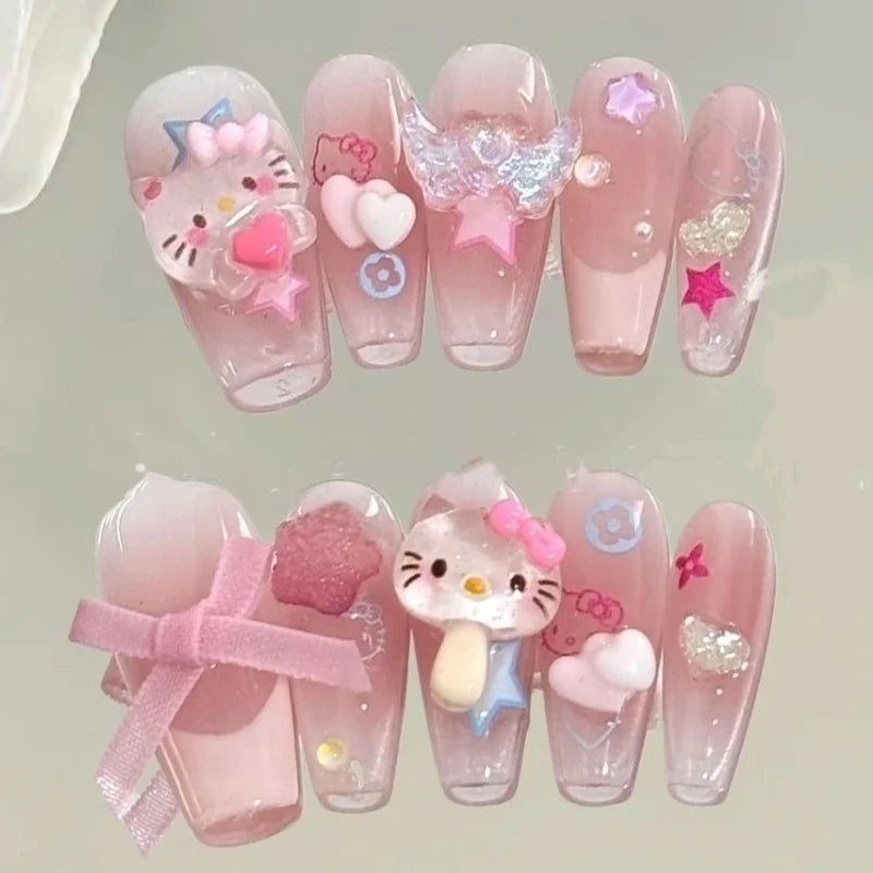 Hello Kitty Handmade Press-On Nails – Pink My Melody & Cinnamoroll Anime Nails – Detachable 3D Nail Art Decoration Set