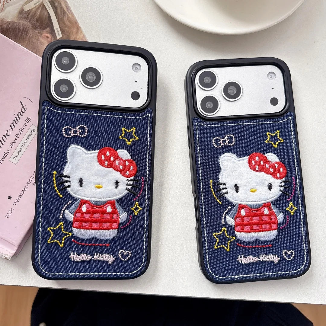 Luxury Denim Leather Pattern Cartoon Hello Kitty Case For iPhone 17 15 14 Pro Max 17 Pro Love Heart Stars Style Shockproof Cover