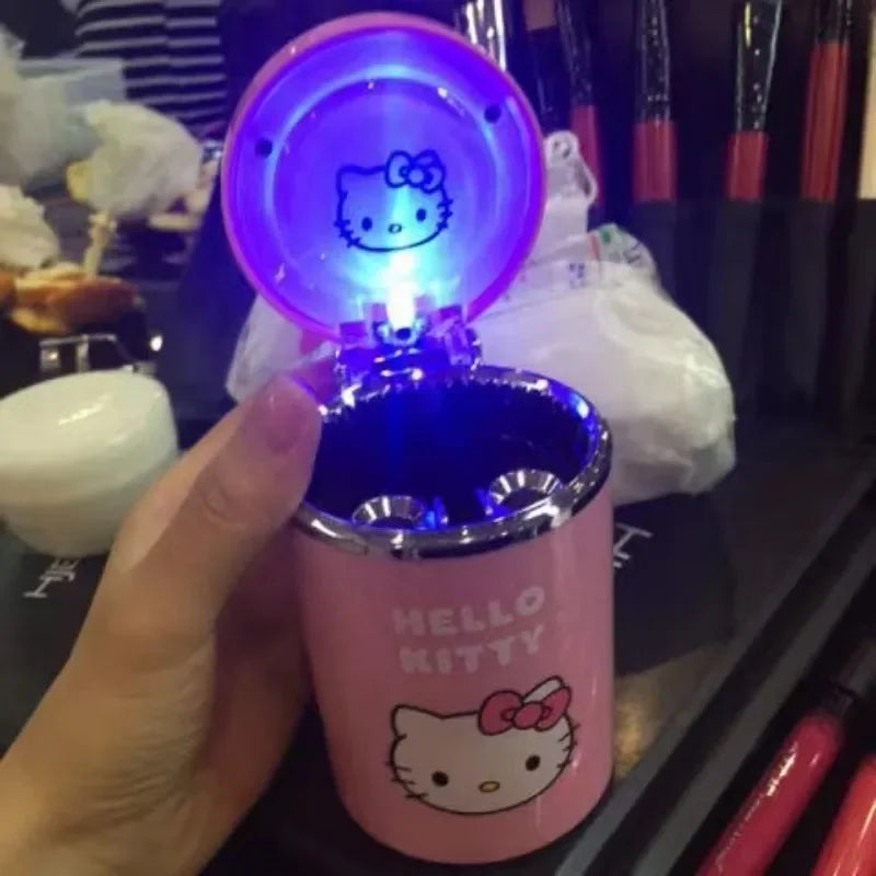 Hello Kitty LED Light-Up Car Ashtray – Cute Kawaii Cartoon Decor with Lid for Car Interior