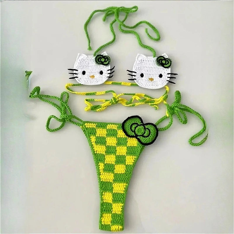 Hello Kitty Inspired Crochet Micro Bikini Set – Cute Kawaii Beachwear for Women