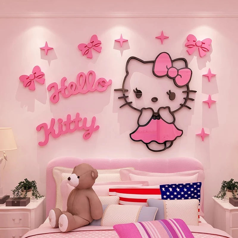 Sanrio Hello Kitty Room Decor Acrylic 3D Wall Sticker Self-Adhesive Cute Children Background Wall Decorative Painting Kid Gifts