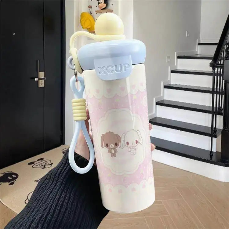 600ml Sugarbunnies Cute Cartoon Stainless Steel Floating Ball Straw Insulated Cup Large Capacity Portable Coffee Mug Plush Toys