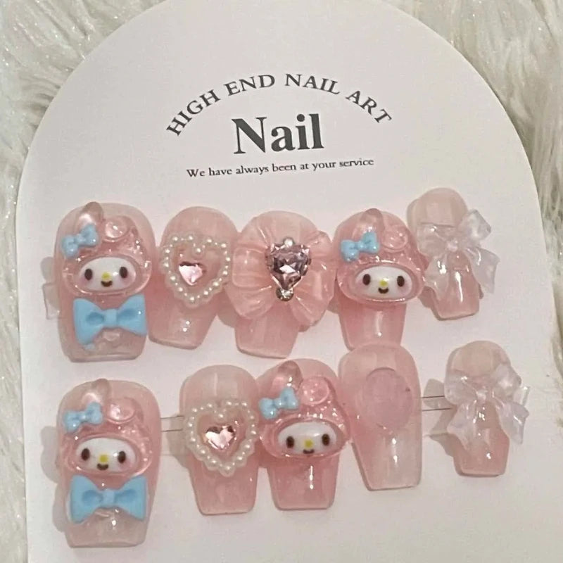 Hello Kitty Handmade Press-On Nails – Pink My Melody & Cinnamoroll Anime Nails – Detachable 3D Nail Art Decoration Set
