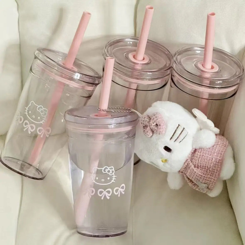 Pink HelloKitty Cat Straw Cup with Lid Plastic Student Portable Cup KT Cat High-Capacity Transparent Plastic Water Cup Girl Gift