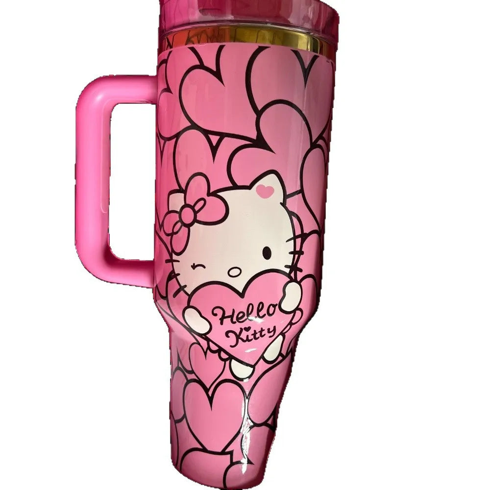 Hello Kitty Heart Print Insulated Tumbler with Handle & Lid – Cute Travel Coffee Cup for Girls