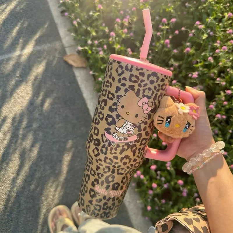 Hello Kitty Leopard Print Straw Thermos Water Bottle – Stainless Steel Insulated Cold Cup – Travel Sports Tumbler for Girls Birthday Gift.