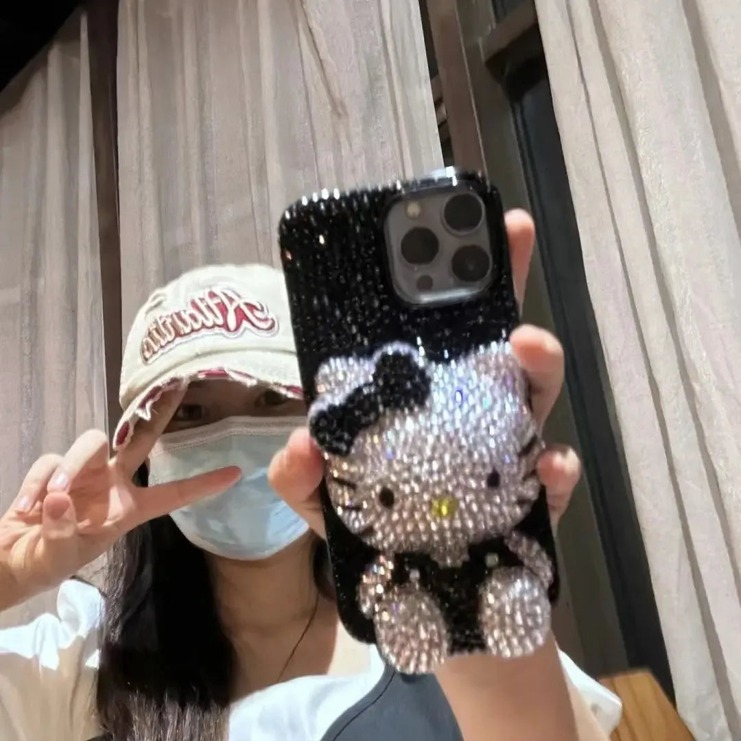 Hello Kitty Rhinestone Bling Crystal Phone Case Chain For iPhone17 16 15 14 13 12 11Pro Max X Xs XR 7 8 Plus Transparent Bumper