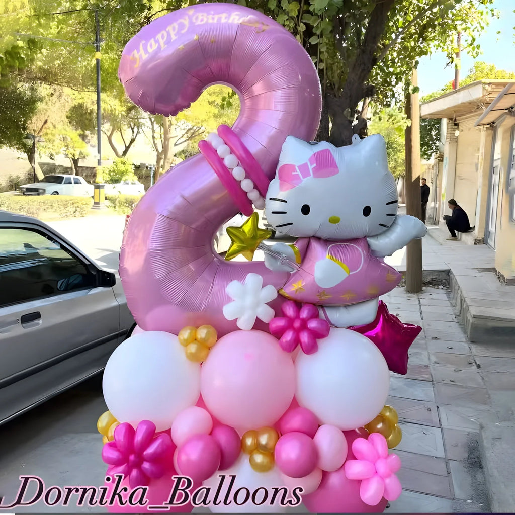 53-piece Hello Kitty-themed balloon set in pink foil and latex—perfect for baby showers, kids’ and girls’ birthdays, and holiday